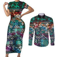 Pacific Hibiscus Tapa Tribal Vintage Couples Matching Short Sleeve Bodycon Dress and Long Sleeve Button Shirt Turquoise Motif LT9 Turquoise - Polynesian Pride