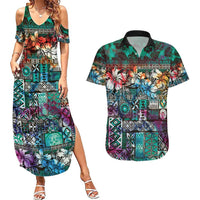 Pacific Hibiscus Tapa Tribal Vintage Couples Matching Summer Maxi Dress and Hawaiian Shirt Turquoise Motif LT9 Turquoise - Polynesian Pride