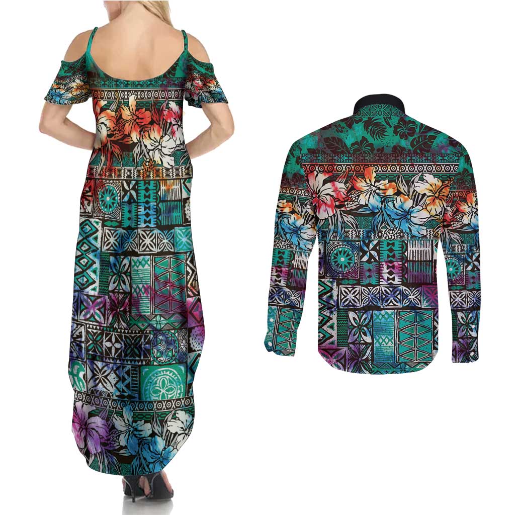 Pacific Hibiscus Tapa Tribal Vintage Couples Matching Summer Maxi Dress and Long Sleeve Button Shirt Turquoise Motif LT9 - Polynesian Pride