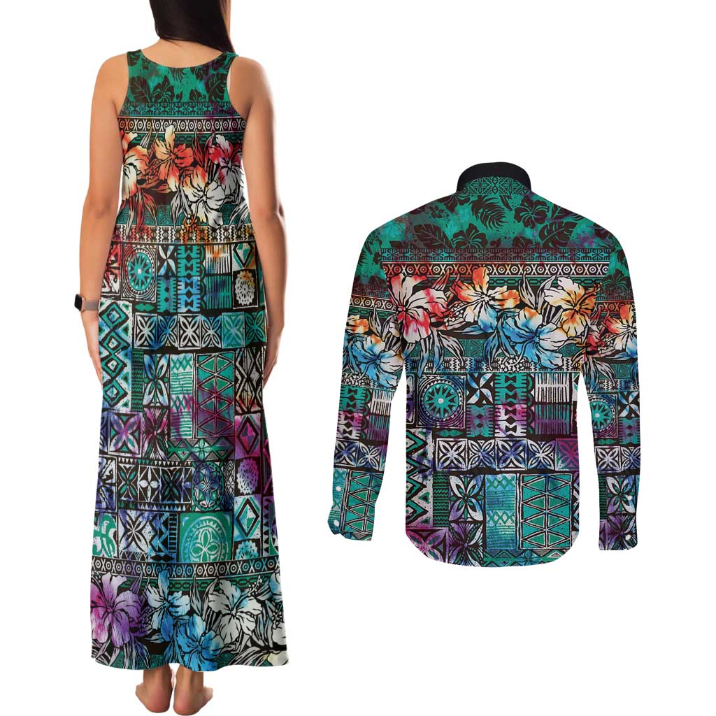 Pacific Hibiscus Tapa Tribal Vintage Couples Matching Tank Maxi Dress and Long Sleeve Button Shirt Turquoise Motif LT9 - Polynesian Pride