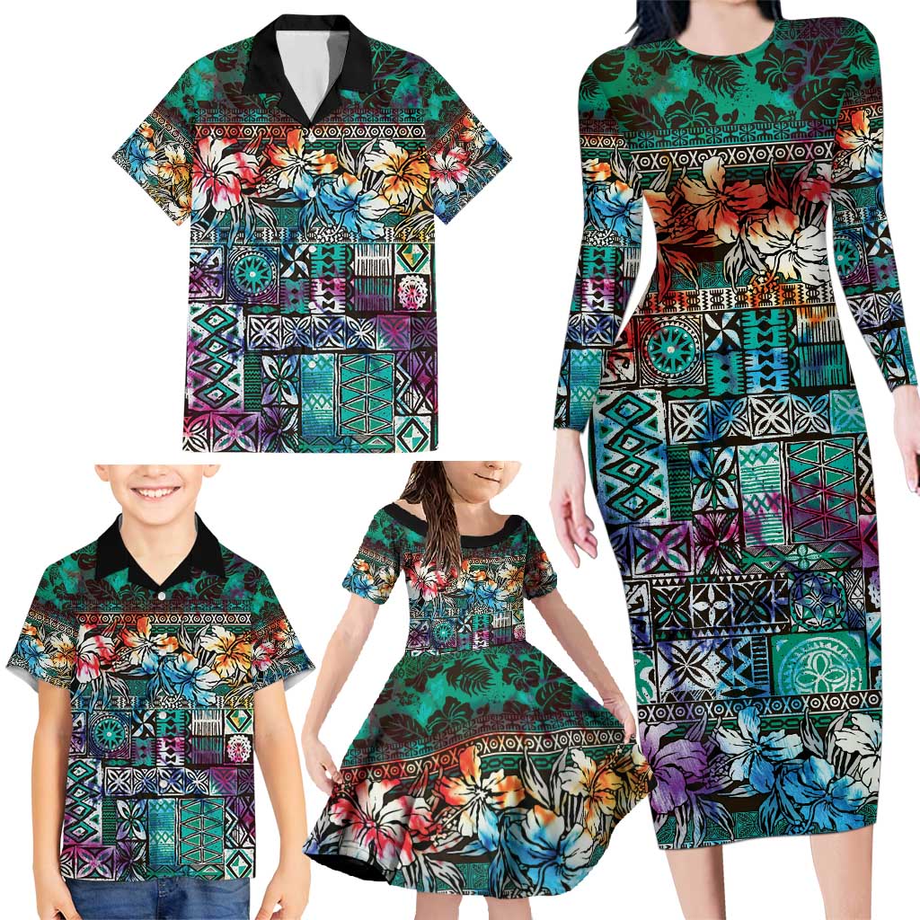 Pacific Hibiscus Tapa Tribal Vintage Family Matching Long Sleeve Bodycon Dress and Hawaiian Shirt Turquoise Motif LT9 - Polynesian Pride