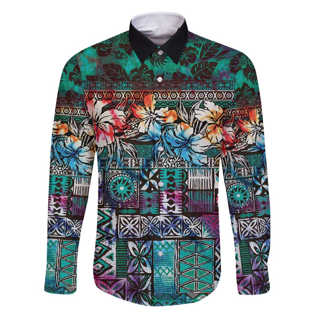 Pacific Hibiscus Tapa Tribal Vintage Family Matching Long Sleeve Bodycon Dress and Hawaiian Shirt Turquoise Motif LT9 Dad's Shirt - Long Sleeve Turquoise - Polynesian Pride