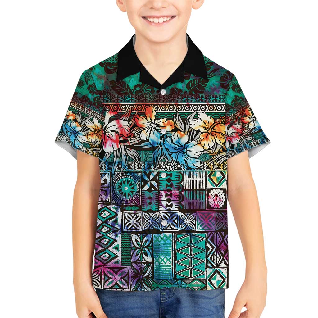 Pacific Hibiscus Tapa Tribal Vintage Family Matching Long Sleeve Bodycon Dress and Hawaiian Shirt Turquoise Motif LT9 Son's Shirt Turquoise - Polynesian Pride