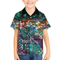 Pacific Hibiscus Tapa Tribal Vintage Family Matching Long Sleeve Bodycon Dress and Hawaiian Shirt Turquoise Motif LT9 Son's Shirt Turquoise - Polynesian Pride