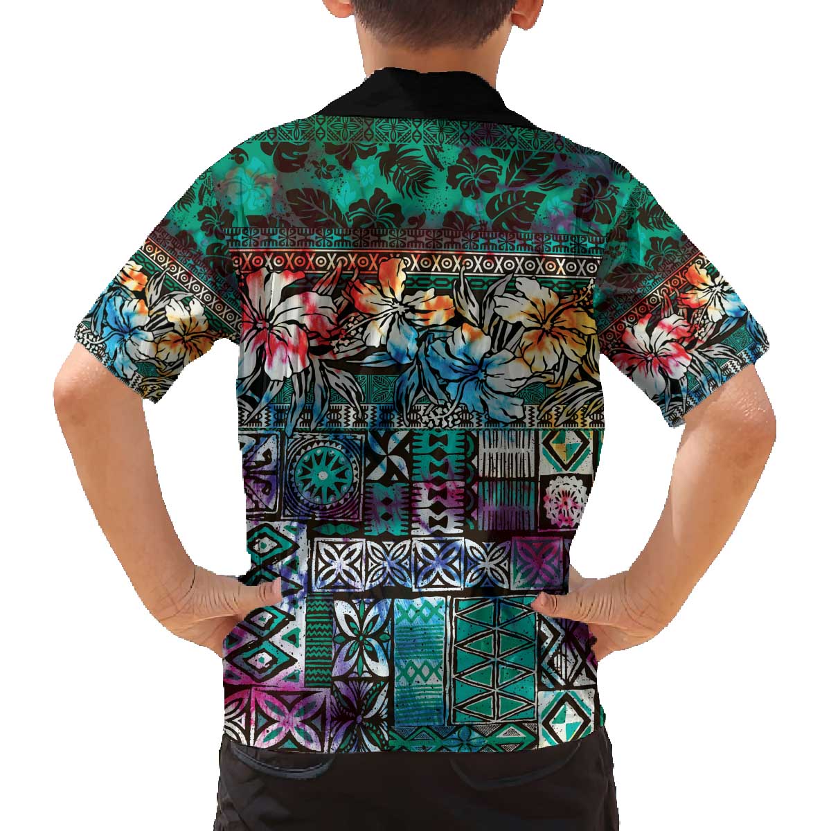 Pacific Hibiscus Tapa Tribal Vintage Family Matching Off The Shoulder Long Sleeve Dress and Hawaiian Shirt Turquoise Motif LT9 - Polynesian Pride