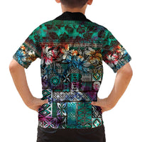Pacific Hibiscus Tapa Tribal Vintage Family Matching Off The Shoulder Long Sleeve Dress and Hawaiian Shirt Turquoise Motif LT9 - Polynesian Pride