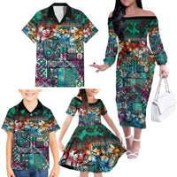 Pacific Hibiscus Tapa Tribal Vintage Family Matching Off The Shoulder Long Sleeve Dress and Hawaiian Shirt Turquoise Motif LT9 - Polynesian Pride