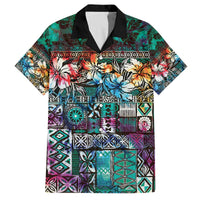 Pacific Hibiscus Tapa Tribal Vintage Family Matching Off The Shoulder Long Sleeve Dress and Hawaiian Shirt Turquoise Motif LT9 Dad's Shirt - Short Sleeve Turquoise - Polynesian Pride