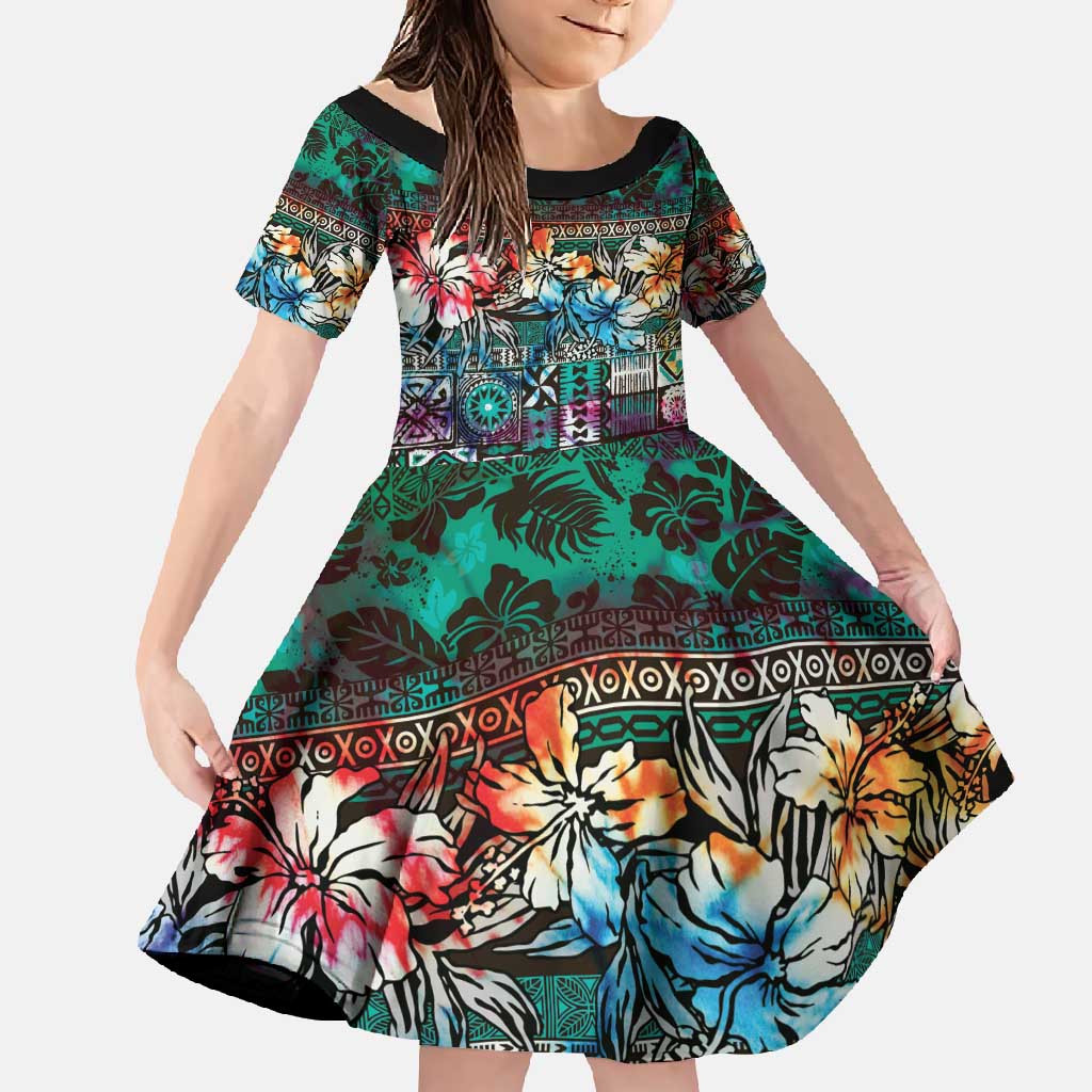 Pacific Hibiscus Tapa Tribal Vintage Family Matching Off Shoulder Maxi Dress and Hawaiian Shirt Turquoise Motif LT9 Daughter's Dress Turquoise - Polynesian Pride