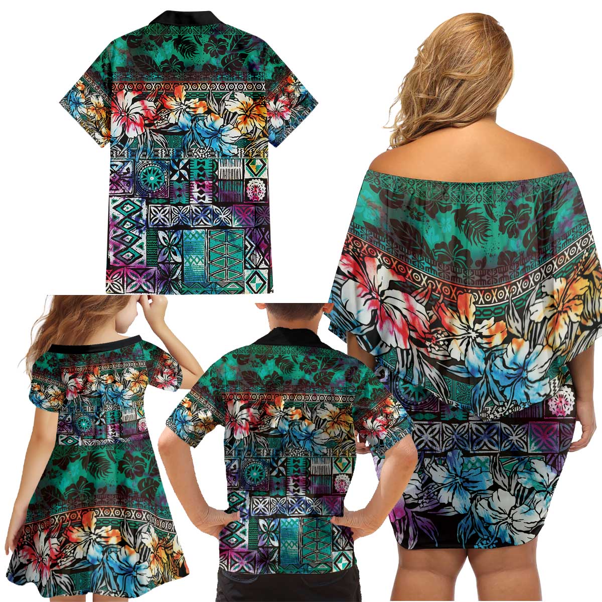 Pacific Hibiscus Tapa Tribal Vintage Family Matching Off Shoulder Short Dress and Hawaiian Shirt Turquoise Motif LT9 - Polynesian Pride