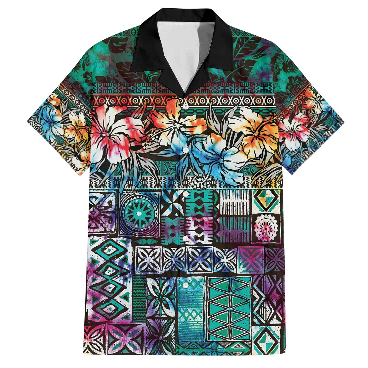 Pacific Hibiscus Tapa Tribal Vintage Family Matching Off Shoulder Short Dress and Hawaiian Shirt Turquoise Motif LT9 Dad's Shirt - Short Sleeve Turquoise - Polynesian Pride