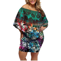 Pacific Hibiscus Tapa Tribal Vintage Family Matching Off Shoulder Short Dress and Hawaiian Shirt Turquoise Motif LT9 Mom's Dress Turquoise - Polynesian Pride