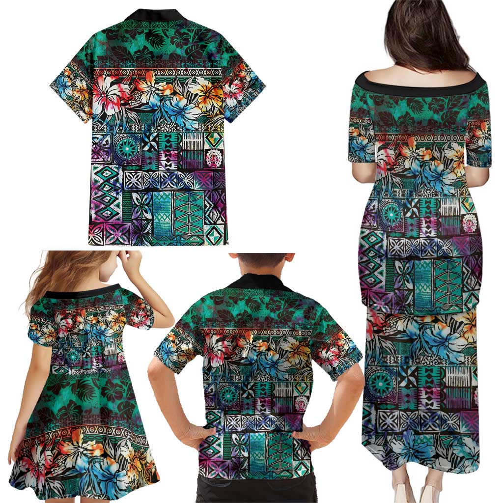 Pacific Hibiscus Tapa Tribal Vintage Family Matching Puletasi and Hawaiian Shirt Turquoise Motif LT9 - Polynesian Pride