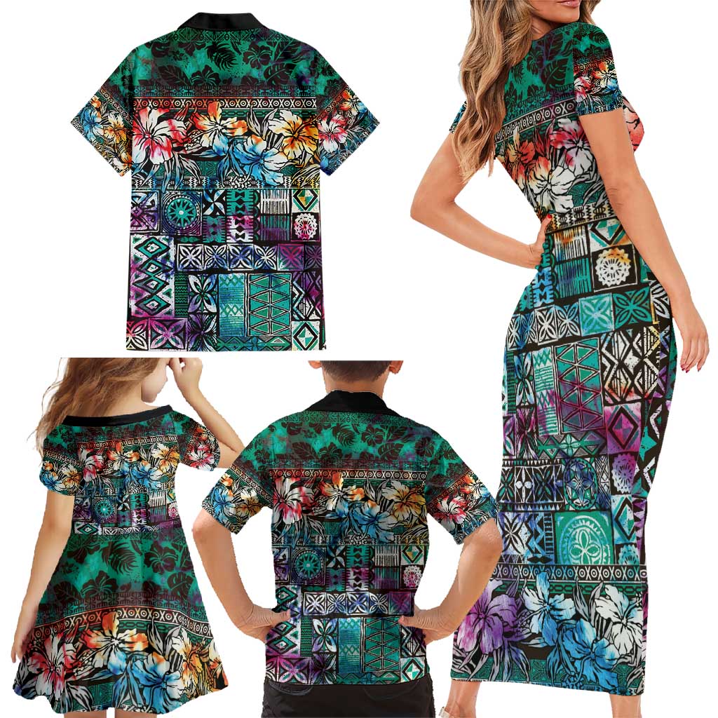 Pacific Hibiscus Tapa Tribal Vintage Family Matching Short Sleeve Bodycon Dress and Hawaiian Shirt Turquoise Motif LT9 - Polynesian Pride