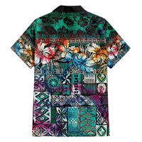Pacific Hibiscus Tapa Tribal Vintage Family Matching Short Sleeve Bodycon Dress and Hawaiian Shirt Turquoise Motif LT9 - Polynesian Pride