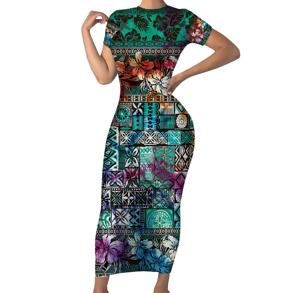 Pacific Hibiscus Tapa Tribal Vintage Family Matching Short Sleeve Bodycon Dress and Hawaiian Shirt Turquoise Motif LT9 Mom's Dress Turquoise - Polynesian Pride