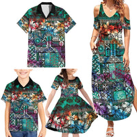 Pacific Hibiscus Tapa Tribal Vintage Family Matching Summer Maxi Dress and Hawaiian Shirt Turquoise Motif LT9 - Polynesian Pride