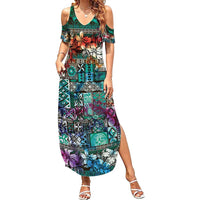 Pacific Hibiscus Tapa Tribal Vintage Family Matching Summer Maxi Dress and Hawaiian Shirt Turquoise Motif LT9 Mom's Dress Turquoise - Polynesian Pride