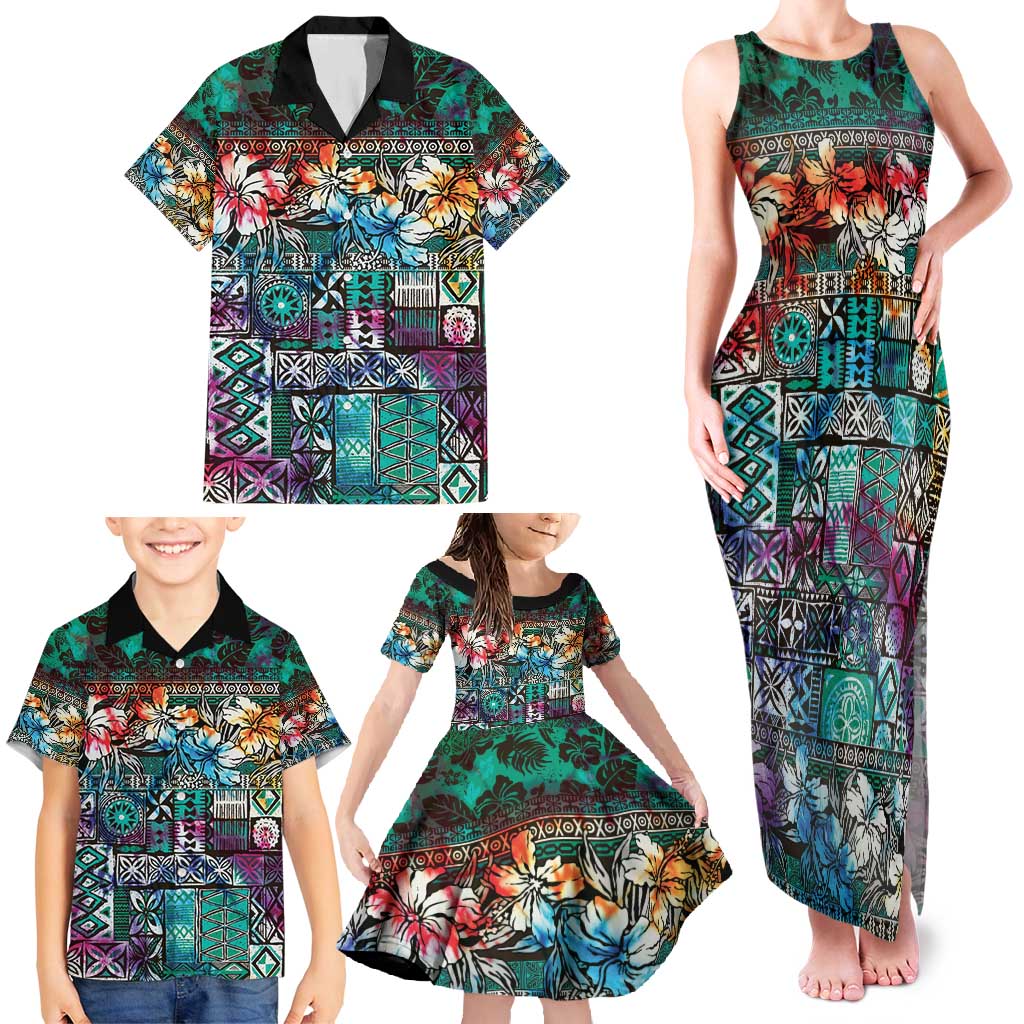 Pacific Hibiscus Tapa Tribal Vintage Family Matching Tank Maxi Dress and Hawaiian Shirt Turquoise Motif LT9 - Polynesian Pride