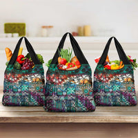 Pacific Hibiscus Tapa Tribal Vintage Grocery Bag Turquoise Motif