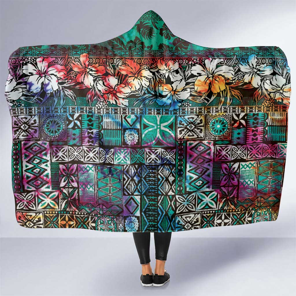 Pacific Hibiscus Tapa Tribal Vintage Hooded Blanket Turquoise Motif LT9 One Size Turquoise - Polynesian Pride