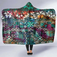 Pacific Hibiscus Tapa Tribal Vintage Hooded Blanket Turquoise Motif LT9 One Size Turquoise - Polynesian Pride