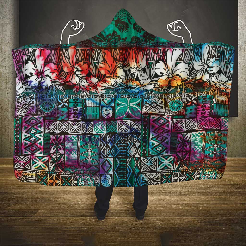 Pacific Hibiscus Tapa Tribal Vintage Hooded Blanket Turquoise Motif LT9 - Polynesian Pride