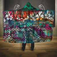 Pacific Hibiscus Tapa Tribal Vintage Hooded Blanket Turquoise Motif LT9 - Polynesian Pride
