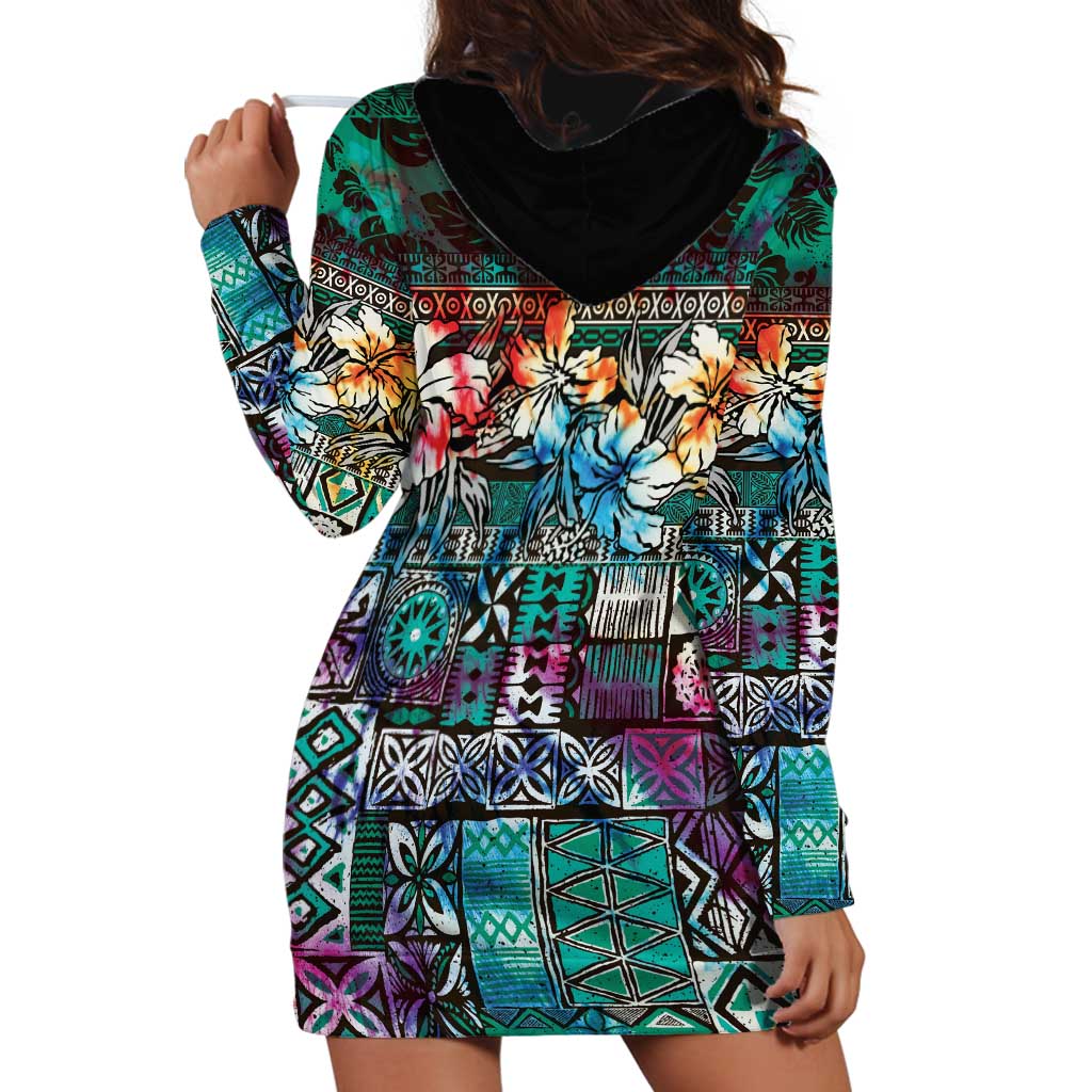 Pacific Hibiscus Tapa Tribal Vintage Hoodie Dress Turquoise Motif LT9 - Polynesian Pride