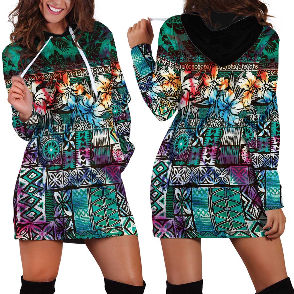 Pacific Hibiscus Tapa Tribal Vintage Hoodie Dress Turquoise Motif LT9 - Polynesian Pride