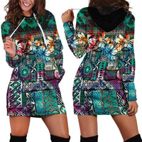Pacific Hibiscus Tapa Tribal Vintage Hoodie Dress Turquoise Motif LT9 - Polynesian Pride