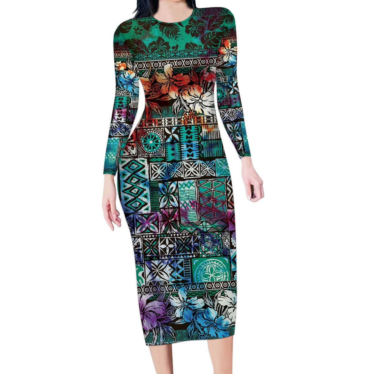 Pacific Hibiscus Tapa Tribal Vintage Long Sleeve Bodycon Dress Turquoise Motif LT9 Long Dress Turquoise - Polynesian Pride