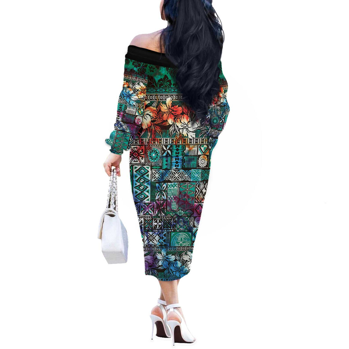 Pacific Hibiscus Tapa Tribal Vintage Off The Shoulder Long Sleeve Dress Turquoise Motif LT9 - Polynesian Pride