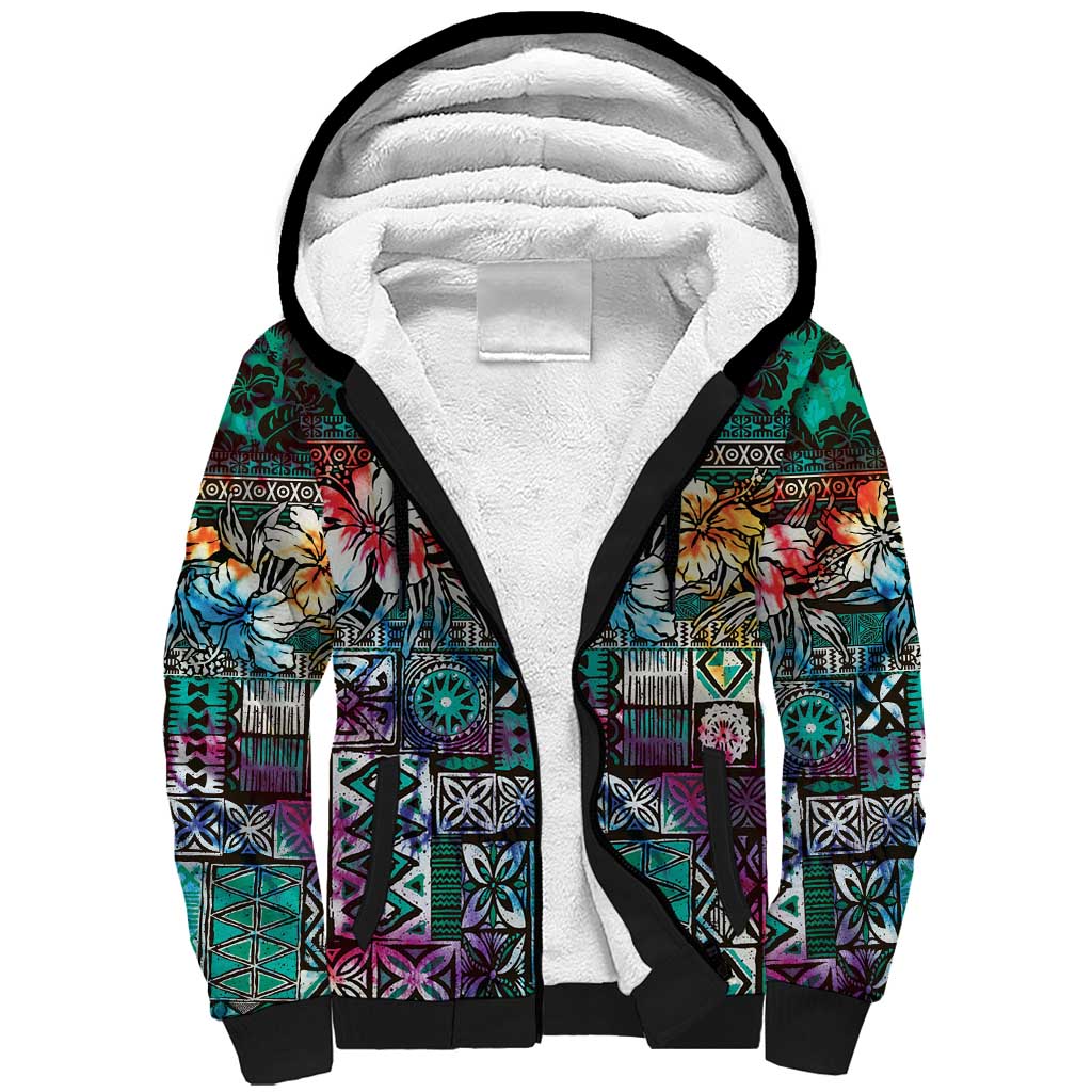 Pacific Hibiscus Tapa Tribal Vintage Sherpa Hoodie Turquoise Motif LT9 Unisex Turquoise - Polynesian Pride