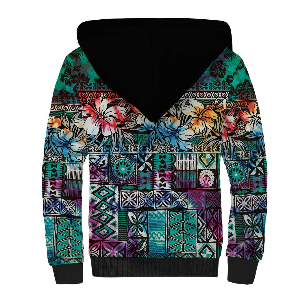 Pacific Hibiscus Tapa Tribal Vintage Sherpa Hoodie Turquoise Motif LT9 - Polynesian Pride