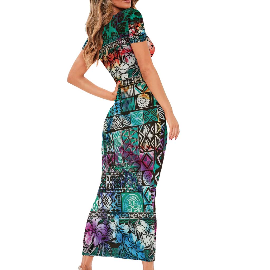 Pacific Hibiscus Tapa Tribal Vintage Short Sleeve Bodycon Dress Turquoise Motif LT9 - Polynesian Pride