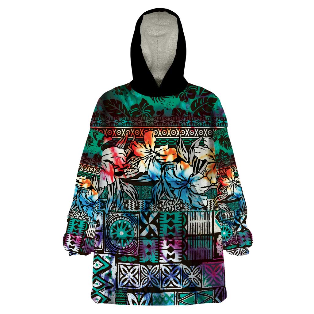 Pacific Hibiscus Tapa Tribal Vintage Wearable Blanket Hoodie Turquoise Motif LT9 One Size Turquoise - Polynesian Pride