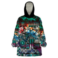 Pacific Hibiscus Tapa Tribal Vintage Wearable Blanket Hoodie Turquoise Motif LT9 One Size Turquoise - Polynesian Pride