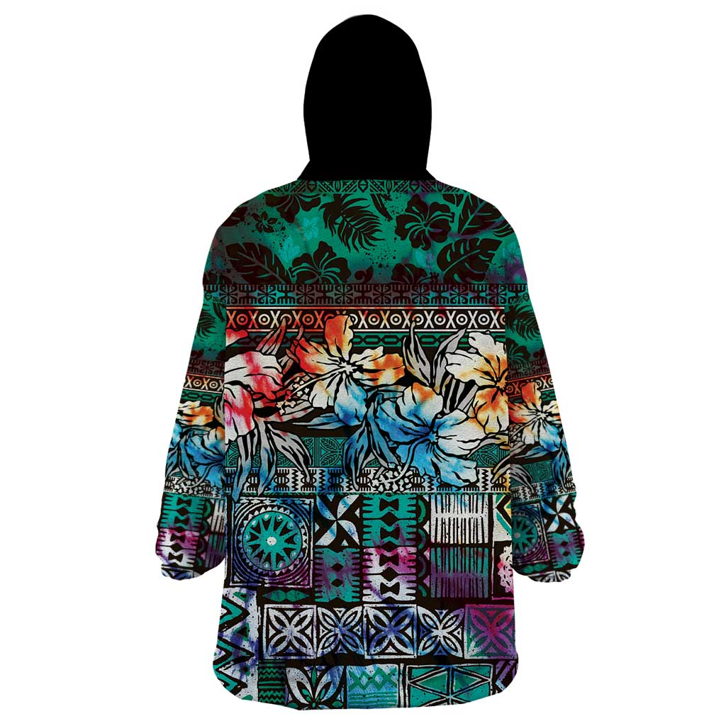 Pacific Hibiscus Tapa Tribal Vintage Wearable Blanket Hoodie Turquoise Motif LT9 - Polynesian Pride