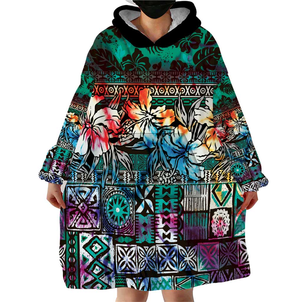 Pacific Hibiscus Tapa Tribal Vintage Wearable Blanket Hoodie Turquoise Motif LT9 - Polynesian Pride