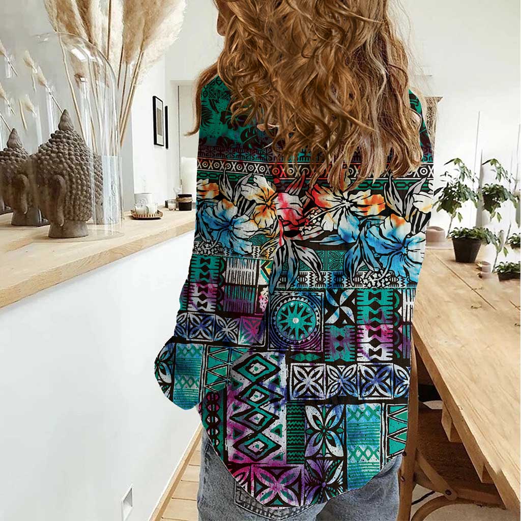 Pacific Hibiscus Tapa Tribal Vintage Women Casual Shirt Turquoise Motif LT9 - Polynesian Pride