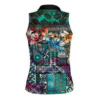Pacific Hibiscus Tapa Tribal Vintage Women Sleeveless Polo Shirt Turquoise Motif LT9 - Polynesian Pride