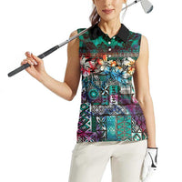 Pacific Hibiscus Tapa Tribal Vintage Women Sleeveless Polo Shirt Turquoise Motif LT9 - Polynesian Pride