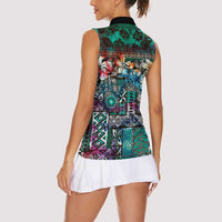Pacific Hibiscus Tapa Tribal Vintage Women Sleeveless Polo Shirt Turquoise Motif LT9 - Polynesian Pride