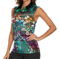 Pacific Hibiscus Tapa Tribal Vintage Women Sleeveless Polo Shirt Turquoise Motif LT9 - Polynesian Pride