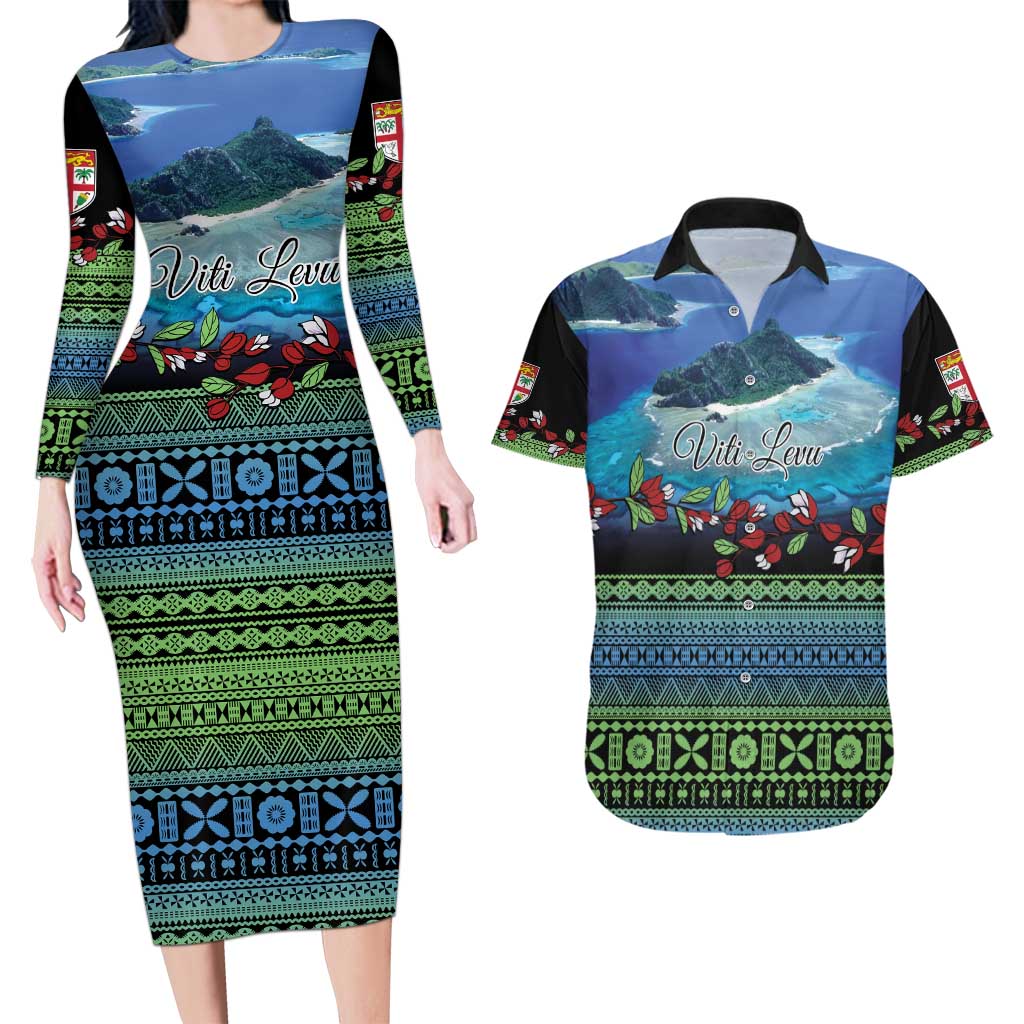 Personalised Fiji Viti Levu Couples Matching Long Sleeve Bodycon Dress and Hawaiian Shirt Tagimoucia and Tapa Tribal Pattern LT9 Blue - Polynesian Pride