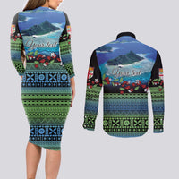 Personalised Fiji Viti Levu Couples Matching Long Sleeve Bodycon Dress and Long Sleeve Button Shirt Tagimoucia and Tapa Tribal Pattern LT9 - Polynesian Pride
