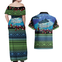 Personalised Fiji Viti Levu Couples Matching Off Shoulder Maxi Dress and Hawaiian Shirt Tagimoucia and Tapa Tribal Pattern LT9 - Polynesian Pride