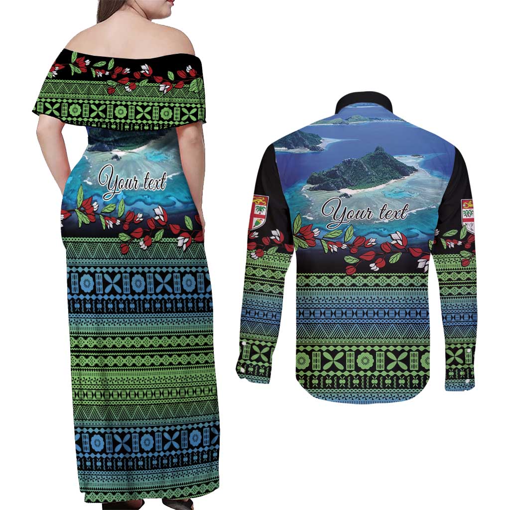 Personalised Fiji Viti Levu Couples Matching Off Shoulder Maxi Dress and Long Sleeve Button Shirt Tagimoucia and Tapa Tribal Pattern LT9 - Polynesian Pride