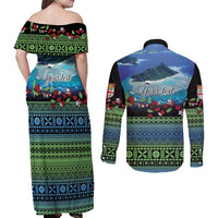 Personalised Fiji Viti Levu Couples Matching Off Shoulder Maxi Dress and Long Sleeve Button Shirt Tagimoucia and Tapa Tribal Pattern LT9 - Polynesian Pride